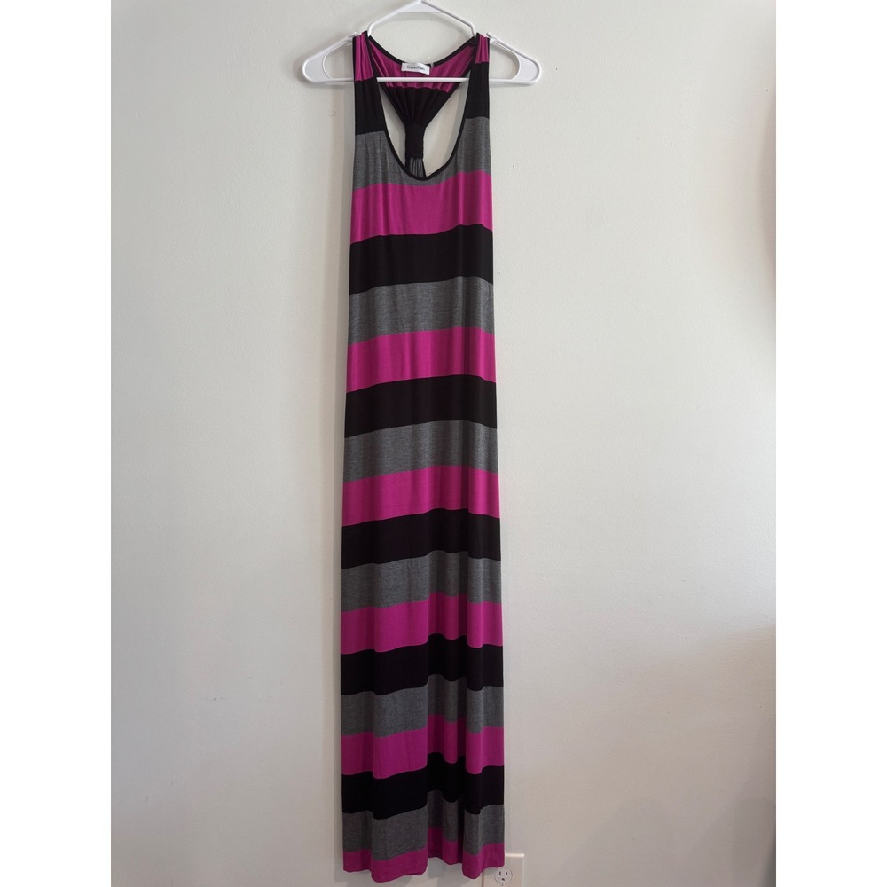 Calvin Klein Striped Racerback Maxi long Dress Womens 12 Pink Black‎ Grey Knit